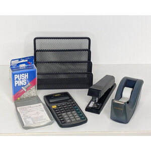 Office Supplies Desk Accessory Lot Stapler Tape Dispenser Pins Calculator WORKS
